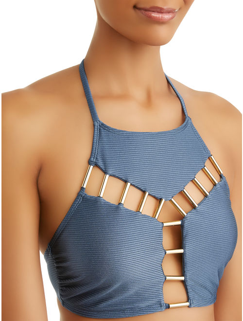Time and Tru Women's Slate Rib High Neck Halter Swimsuit Top