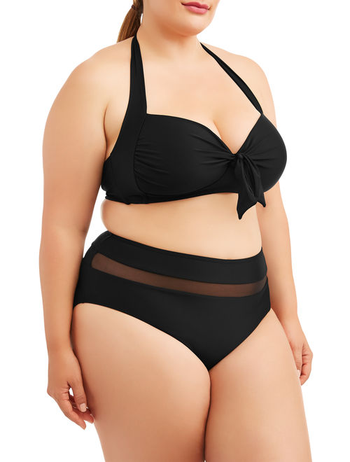 Time and Tru Women's Plus Size Solid Tie Front Bandeau Swimsuit Top