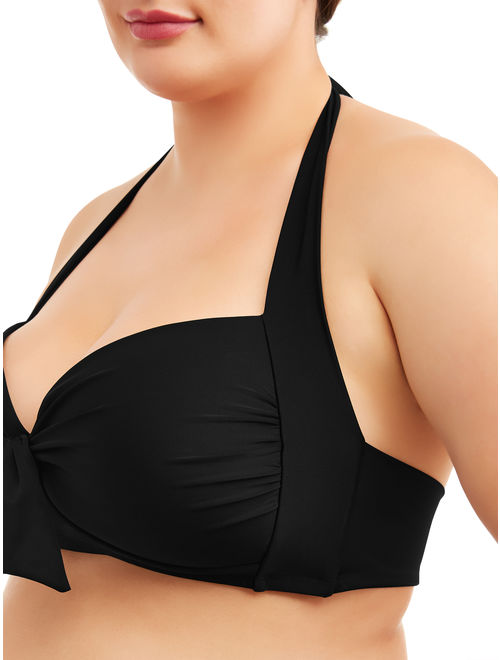 Time and Tru Women's Plus Size Solid Tie Front Bandeau Swimsuit Top