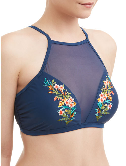 Time and Tru Women's Embroidery High Neck Swimsuit Top
