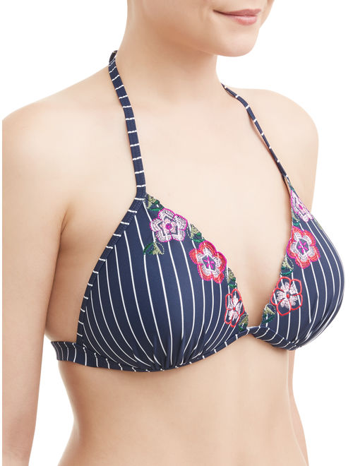 Time and Tru Women's Stripe and Floral Molded Cup Swimsuit Top