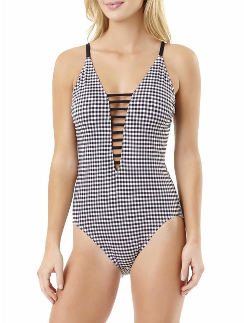 Time and Tru Women's Gingham Strappy V-Neck One-Piece Swimsuit