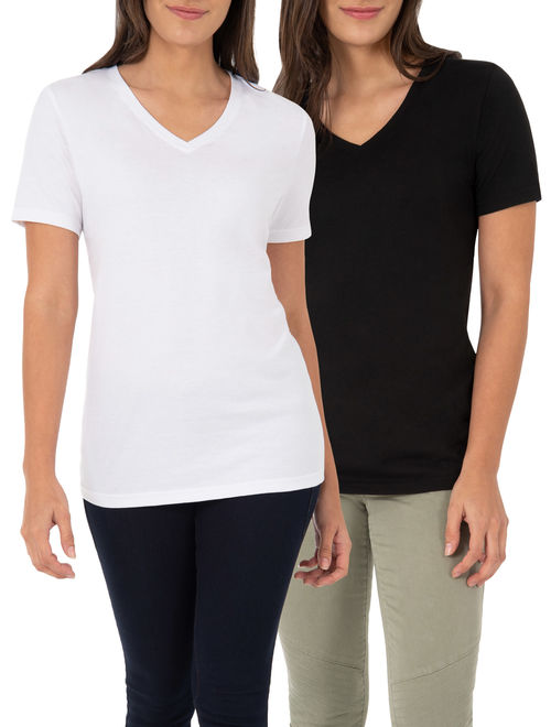 Time and Tru Women's Essential Short Sleeve V-Neck T-Shirt, 2 Pk Bundle