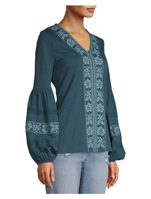 Time and Tru Women's Embroidered Sleeve Peasant Top
