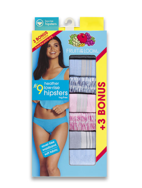 Fruit of the Loom Women's 6+3 Bonus Pack Assorted Heather Low Rise Hipster Panties