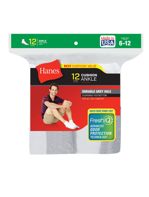 Hanes Mens Fresh IQ Ankle Cushion Socks, 12 Pack, 6-12, Black
