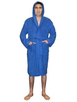 Mens 100% Terry Cotton Toweling Bathrobe Dressing Robe Hooded Blue Large