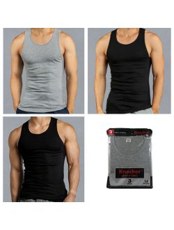 3 Pc Mens Tank Tops 100% Cotton A-Shirt Ribbed Pack Undershirt Black Gray