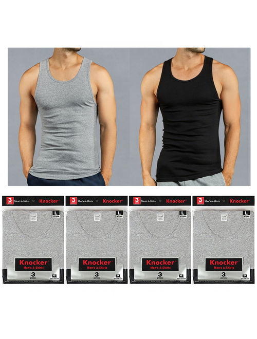 12 X Mens Tank Tops 100% Cotton A-Shirt Ribbed Pack Undershirt Black Gray Large