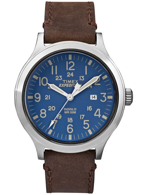 Timex Men's Expedition Scout 43 Blue Dial Watch, Brown Leather Strap