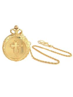 Large Gold Plated Shiny Religious Cross Mens Pocket Watch