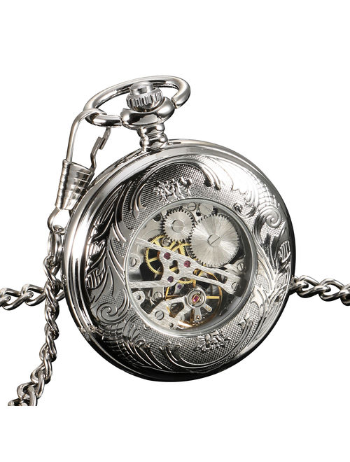 ESS See Through Mechanical Men Pocket Watch Full Hunter Hand Winding Silver Case