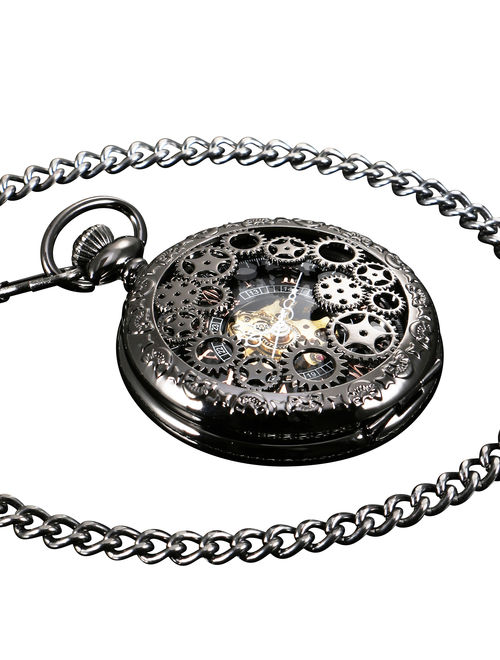 ESS Black Pocket Watch Stainless Steel Roman Numberals Steel With Chain Mens