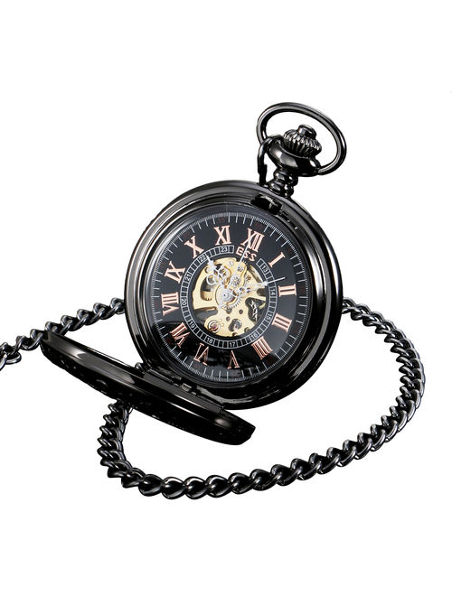 ESS Black Pocket Watch Stainless Steel Roman Numberals Steel With Chain Mens