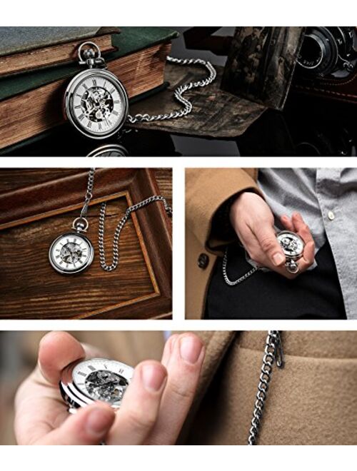Stuhrling Original Mens Vintage Mechanical Pocket Watch - Stainless Steel Analog Skeleton Hand Wind Mechanical Watch with Belt Clip Stainless Steel Chain 6053.33113