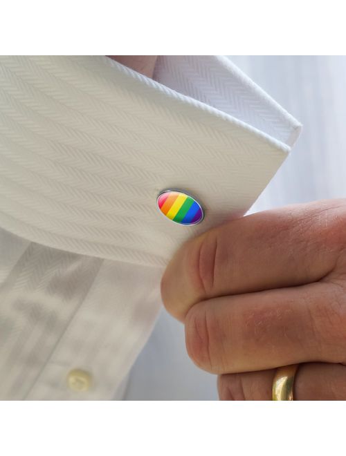 Rainbow Pride Gay Lesbian Contemporary Round Cufflink Set Silver Color