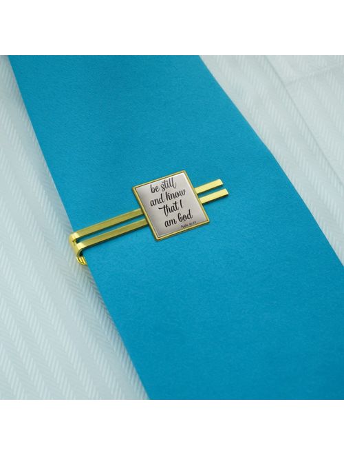 Be Still and Know that I am God Psalm Inspirational Christian Square Tie Bar Clip Clasp Tack Gold Color