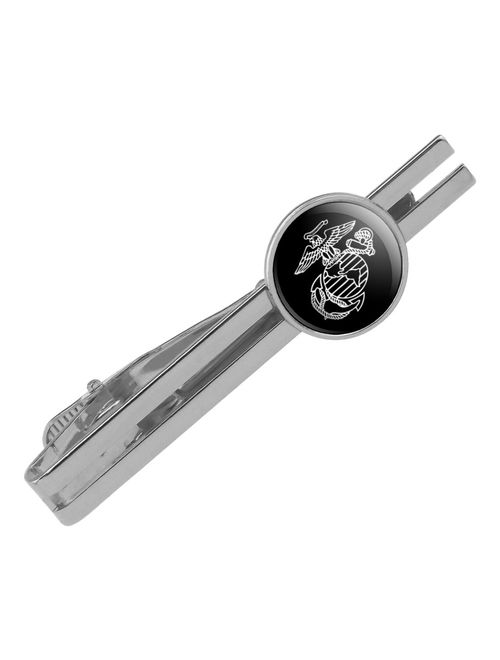 Marines USMC White on Black Eagle Globe Anchor Logo Officially Licensed Round Tie Bar Clip Clasp Tack Silver Color Plated