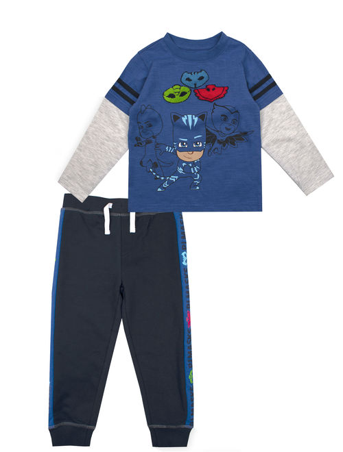 PJ Mask Long Sleeve Graphic Layered T-shirt & Taped French Terry Jogger Pant, 2pc Outfit Set (Toddler Boys)