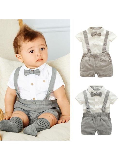 Kacakid Baby Boy Child Toddler Gentleman Suit +Bow Tie+Suspender Trousers Pants Suit Suspenders Style Short Sleeve Shirt + Short 2Pcs Set