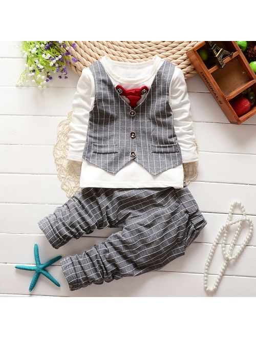 Kacakid Formal Baby Boys Suit Long Sleeve Striped Tops Shirt Plus Pants 2Pcs Gentleman Cotton Outfits