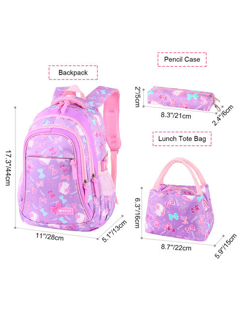 Girls School Backpack Set, Vbiger 3 in 1Student Book Bags Set - Bookbag+Shoulder Bag+Pencil Case Water-Resistant, Purple