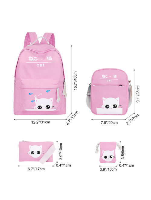 Vbiger Canvas Kids Backpack Set 4pcs Casual Kitty School Bag for Teenage Girls( Pink)