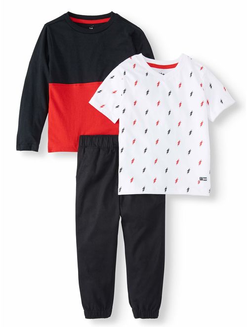 Beverly Hills Polo Club Long Sleeve Colorblock T-shirt, Short Sleeve Allover Print T-shirt & Twill Jogger, 3pc Outfit Set (Toddler Boys)