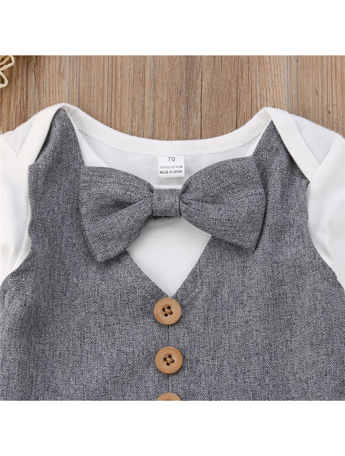 Infant Baby Boy Gentleman Outfits Long Sleeve Bowtie Romper+Pant Clothing Set