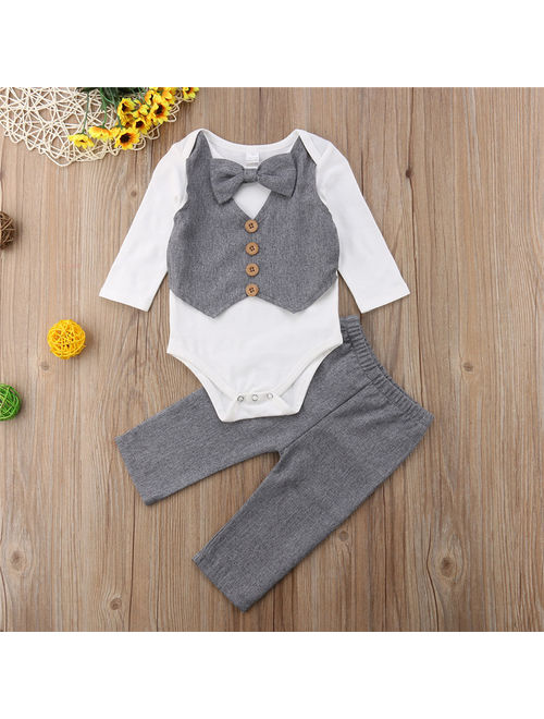 Infant Baby Boy Gentleman Outfits Long Sleeve Bowtie Romper+Pant Clothing Set