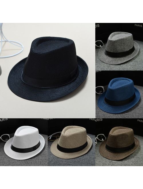 Cool Unisex Vintage Blower Jazz Hat Women/Men Casual Trendy Beach Sunhats Straw Panama Cap Cowboy Fedora Gangster Cap with Black Ribbon