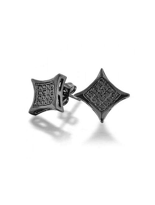 Black Square Shaped Cubic Zirconia Micro Pave CZ Kite Stud Earrings For Men Black Plated 925 Sterling Silver 7MM