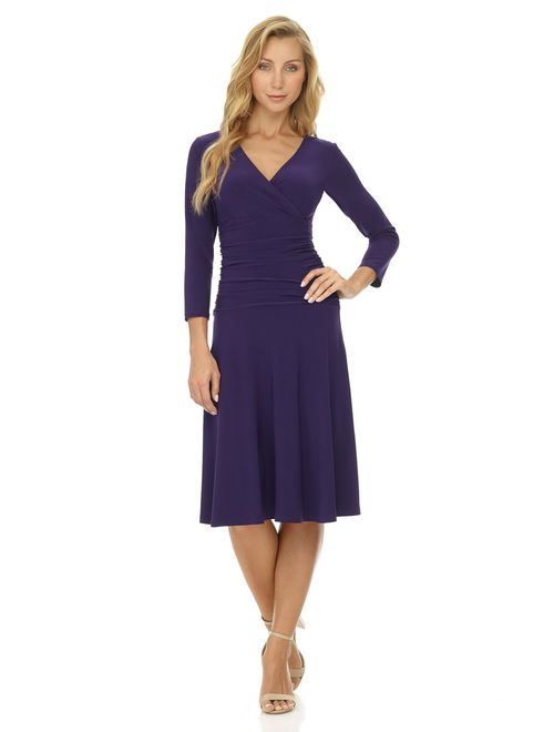 Rekucci Women's Slimming 3/4 Sleeve Fit-and-Flare Crossover Tummy Control Dress