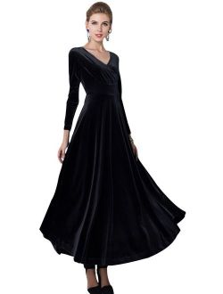 Women Long Sleeve V-Neck Velvet Stretchy Long Maxi Dress