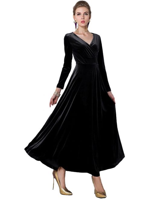 Urban CoCo Women Long Sleeve V-Neck Velvet Stretchy Long Maxi Dress