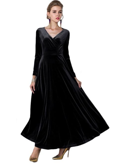 Urban CoCo Women Long Sleeve V-Neck Velvet Stretchy Long Maxi Dress