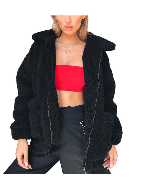 PRETTYGARDEN Fashion Long Sleeve Lapel Zip Up Faux Shearling Shaggy Oversized Coat Jacket with Pockets Warm Winter