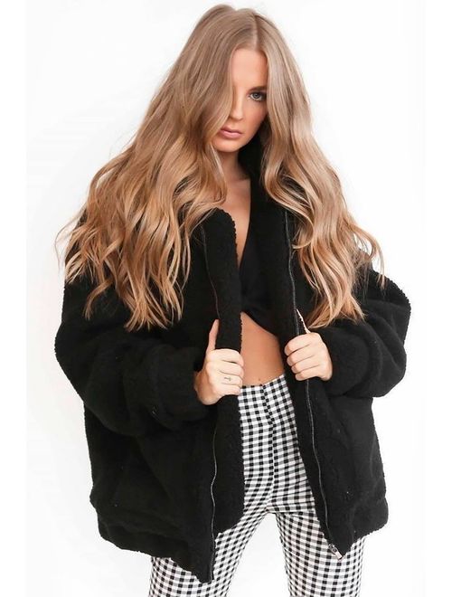 PRETTYGARDEN Fashion Long Sleeve Lapel Zip Up Faux Shearling Shaggy Oversized Coat Jacket with Pockets Warm Winter