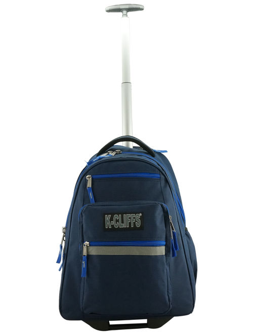 Heavy Duty Rolling Backpack School Backpack with Wheels Deluxe Trolley Book Bag Wheeled Daypack Multiple Pockets Bookbag With Safety Reflective Stripe Navy Blue