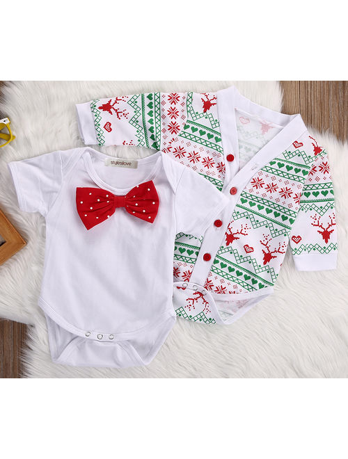 StylesILove Infant Baby Boy Jumpsuit with Red Bowtie and Holiday Character Onesie Cardigan Christmas 2 pcs Outfit Set (100/12-18 Months)