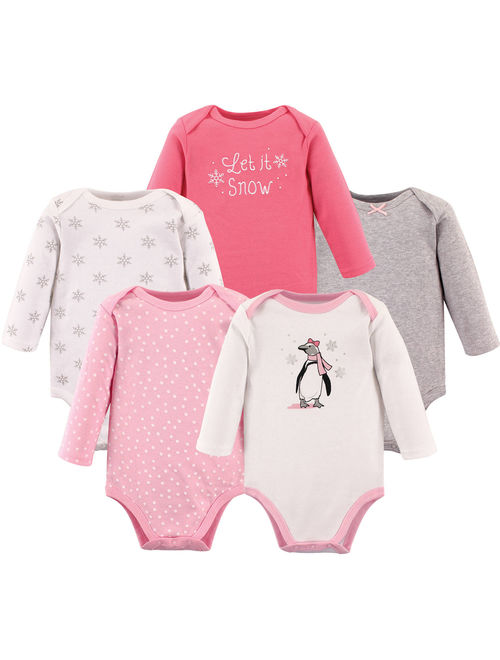 Hudson Baby Infant Girl Cotton Long-Sleeve Bodysuits 5pk, Pink Penguin, 0-3 Months