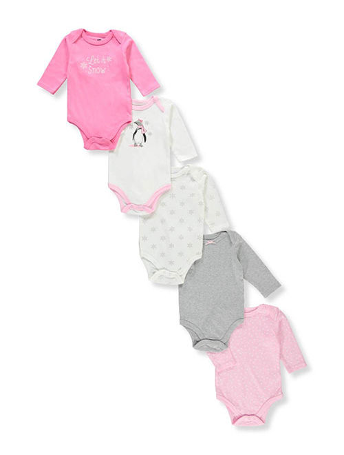Hudson Baby Infant Girl Cotton Long-Sleeve Bodysuits 5pk, Pink Penguin, 0-3 Months
