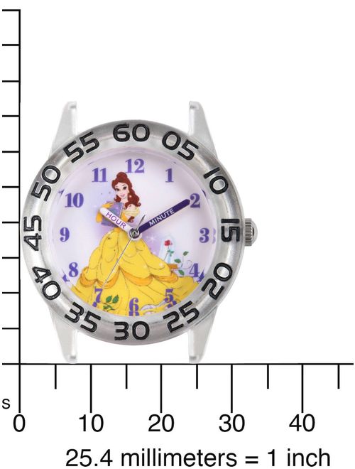 Princess Belle Girls' Clear Plastic Time Teacher Watch, Pink Hook and Loop Nylon Strap