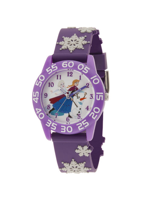 Disney Frozen Elsa and Anna and Olaf Girls' Purple Plastic Time Teacher Watch, Purple 3D Plastic Strap