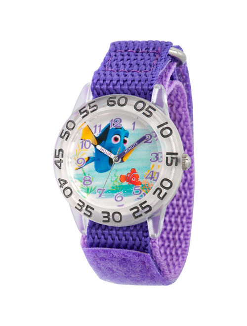 Finding Dory, Nemo and Dory Girls' Plastic Time Teacher Watch, Purple Hook and Loop Nylon Strap