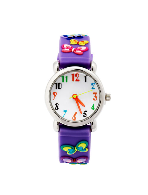 3D Lovely Cartoon Children Watch Silicone Strap Waterproof Digital Round Quartz Wristwatches Time Teacher Gift for Girls Purple-butterfly