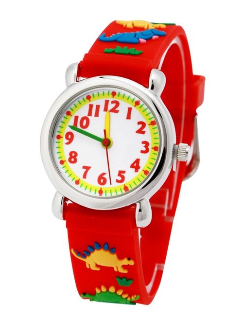 3D Lovely Cartoon Children Watch Silicone Strap Waterproof Digital Round Quartz Wristwatches Time Teacher Gift for Girls Red-dinosaur