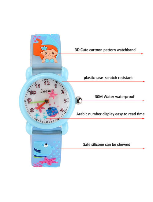 3D Lovely Cartoon Children Watch Silicone Strap Waterproof Digital Round Quartz Wristwatches Time Teacher Gift for Girls Mermaid - Blue