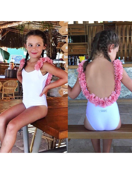 Styles I Love Toddler Kid Girls 3D Flower Straps Backless One-Piece Solid Color Swimsuit Beach Bathing Swimwear, 2 Colors (White, 34/5)
