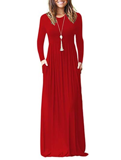 AUSELILY Women Long Sleeve Loose Plain Maxi Dresses With Pockets